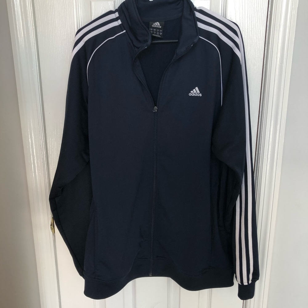 Adidas Men's Dark Blue Track Jacket with White Stripes